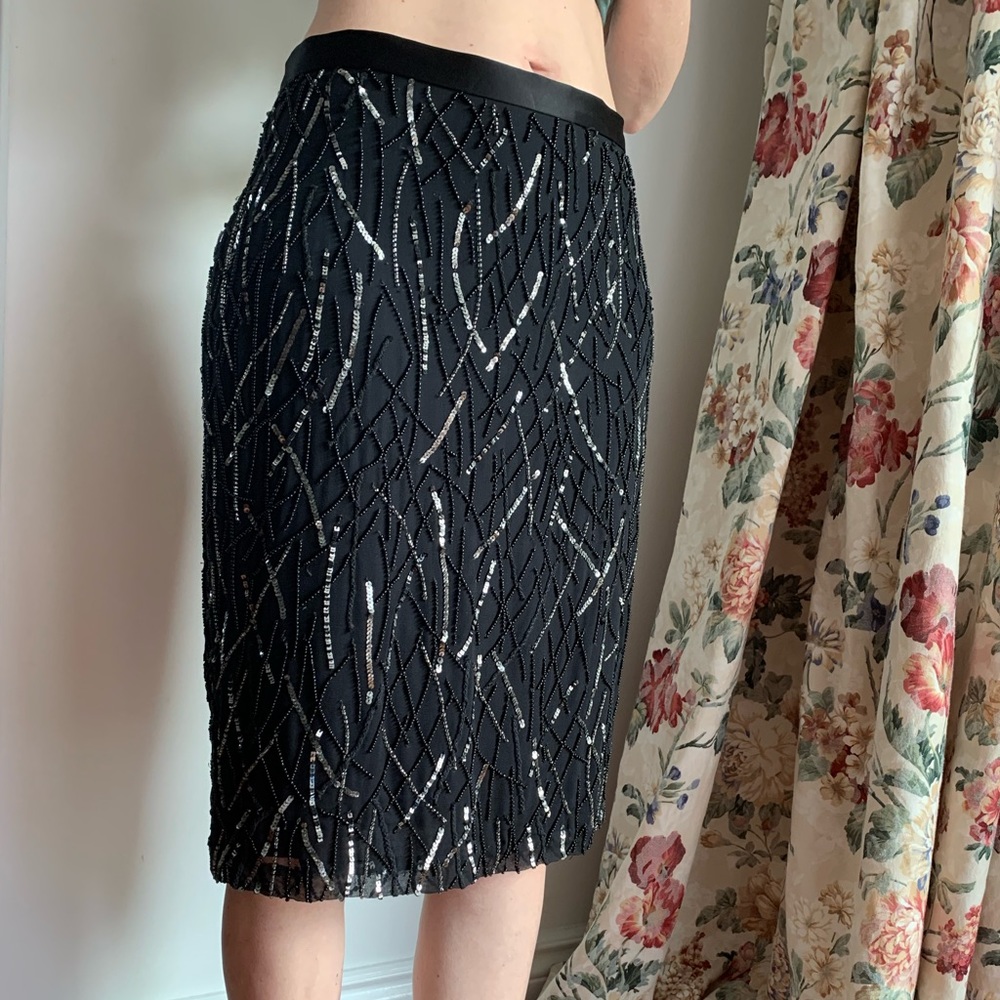 NWT - Women's St. John Caviar Evening Hand Beaded & Sequin Skirt / Black / 6